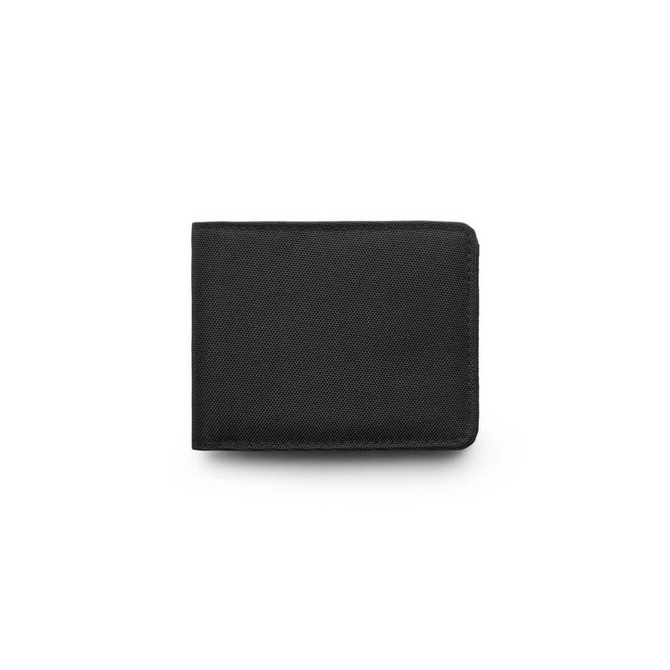 A black recycled fold wallet with a textured surface and a logo on the front.