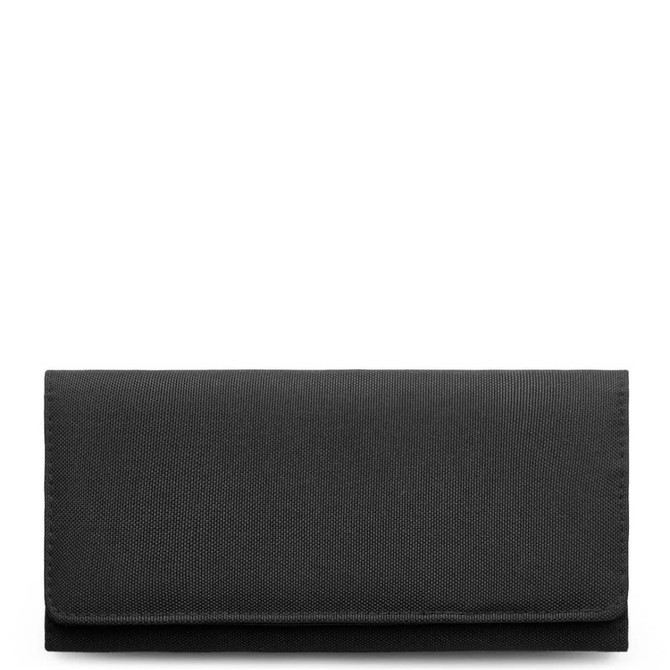 A black recycled long wallet with a sleek design and subtle texture, featuring a logo on the front.