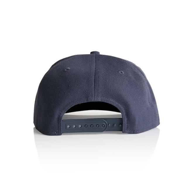 A navy blue cap with an adjustable strap at the back, featuring a logo.