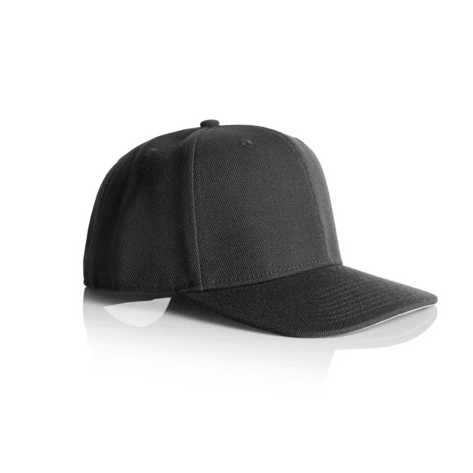 A black cap featuring a curved brim and a fitted design, with a logo on the front.
