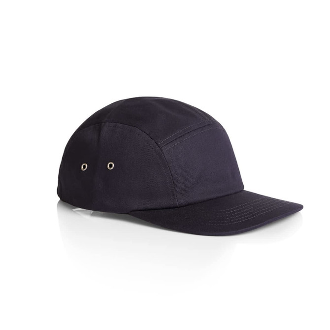 A navy five-panel cap featuring ventilation eyelets and a curved peak, designed for casual wear.