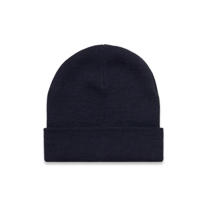 A dark navy cuff beanie with a simple design and a rolled hem. The beanie has a logo on it.