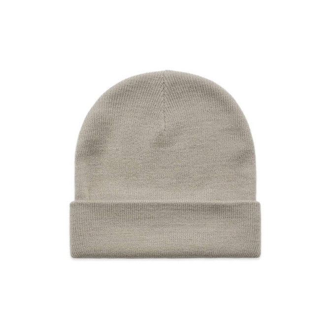 A grey cuff beanie with a folded brim, featuring a branded logo.
