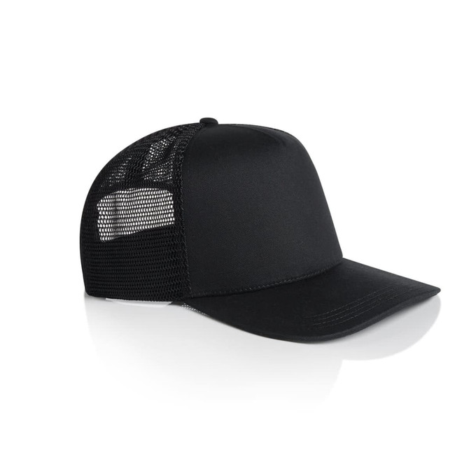 A black trucker cap featuring a solid front panel and mesh back, with a logo on the front.