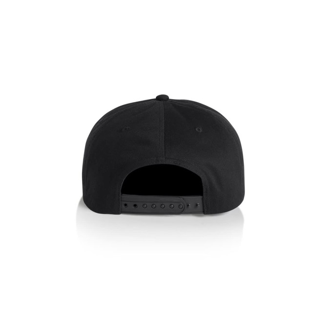 A black surf cotton cap featuring a rear snap closure and a smooth surface. It includes branding on the back.