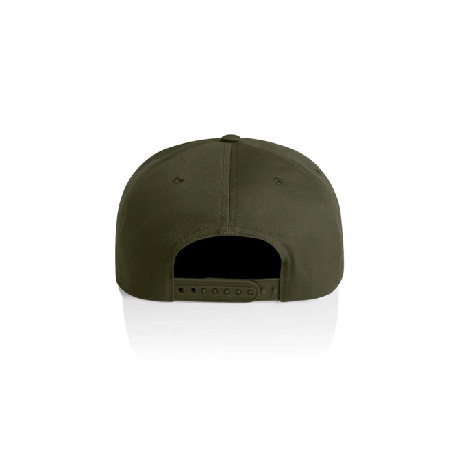 A dark green cap with a rear adjustment strap and a logo, featuring a smooth fabric texture.