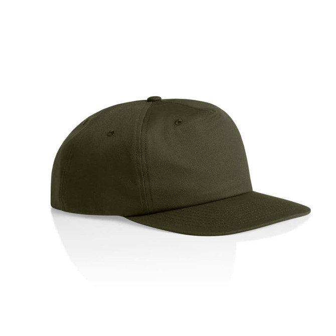 A green cotton cap with a flat brim and a logo on the front. Suitable for casual wear.