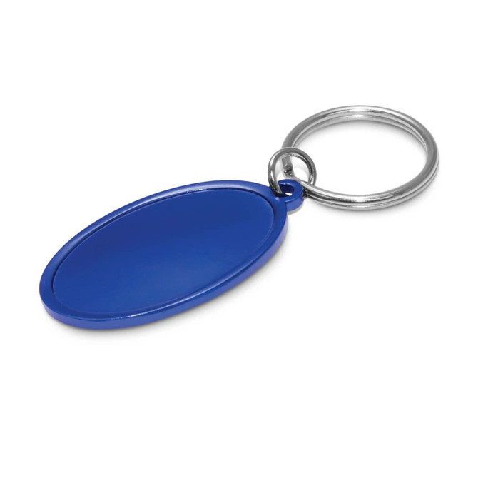 A blue oval-shaped key ring with a shiny silver metal ring for attachment.