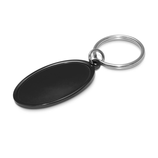 A black oval key ring with a shiny silver metal ring.