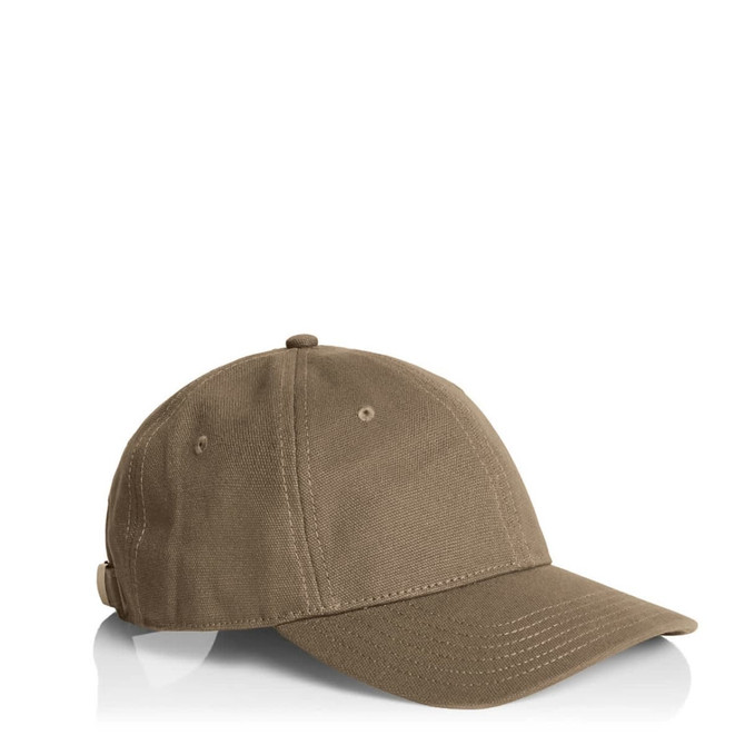 A khaki cap with a structured crown and curved brim, featuring an adjustable strap and a logo.