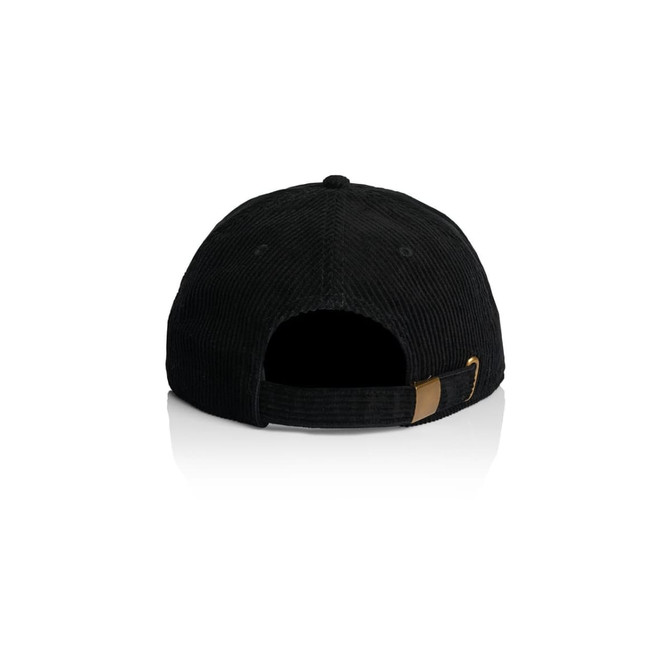 A black cord cap featuring a branded logo on the back and an adjustable strap.