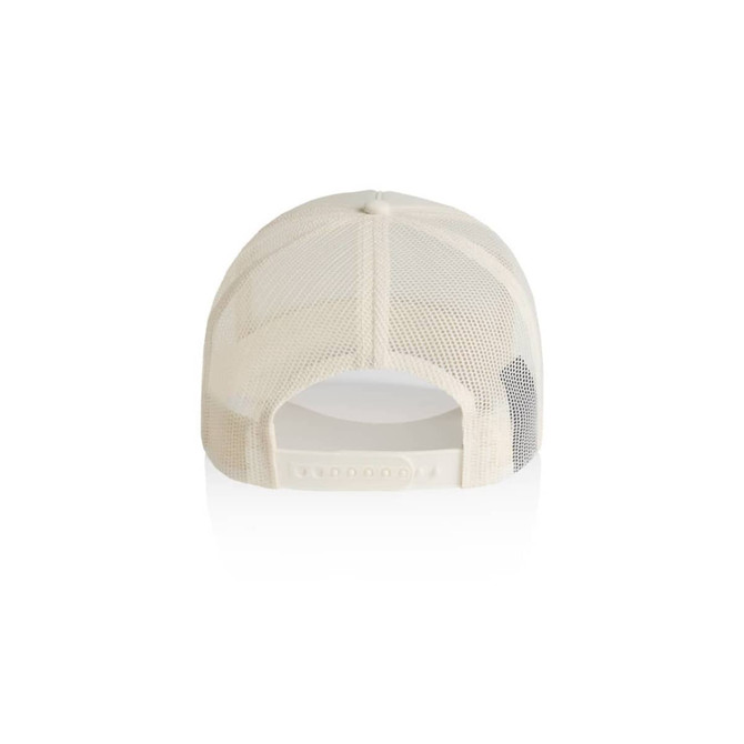 A cream-coloured trucker cap featuring a mesh back and an adjustable strap, with a logo on the side.