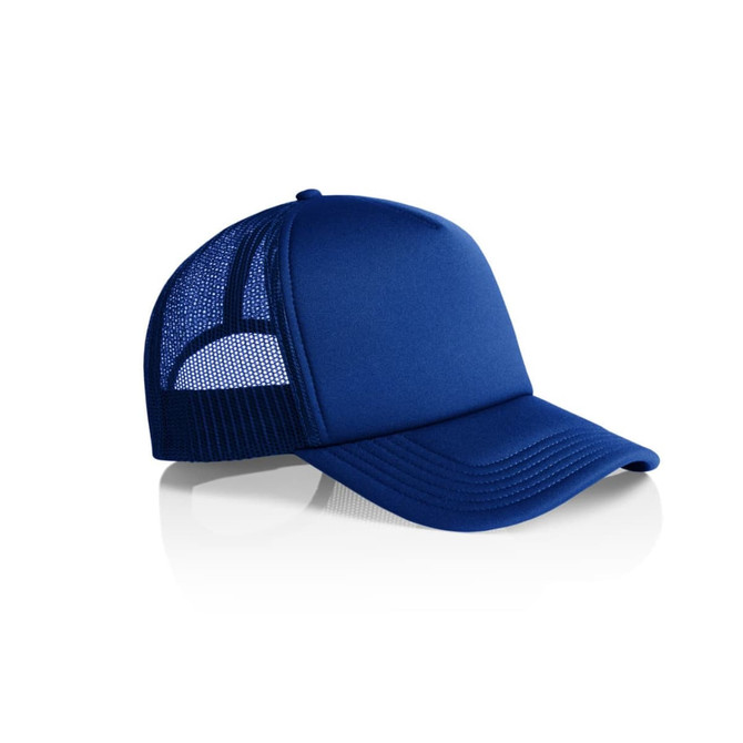 A blue foam trucker cap featuring a solid front and mesh back, with a logo displayed on one side.