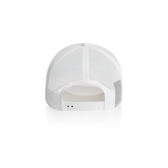 A white foam trucker cap featuring a mesh back and an adjustable strap. It includes a logo on the side.