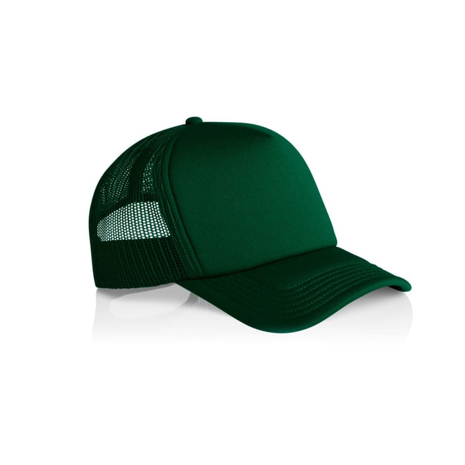 A dark green foam trucker cap with a mesh back and a rounded peak, featuring a logo on the front.