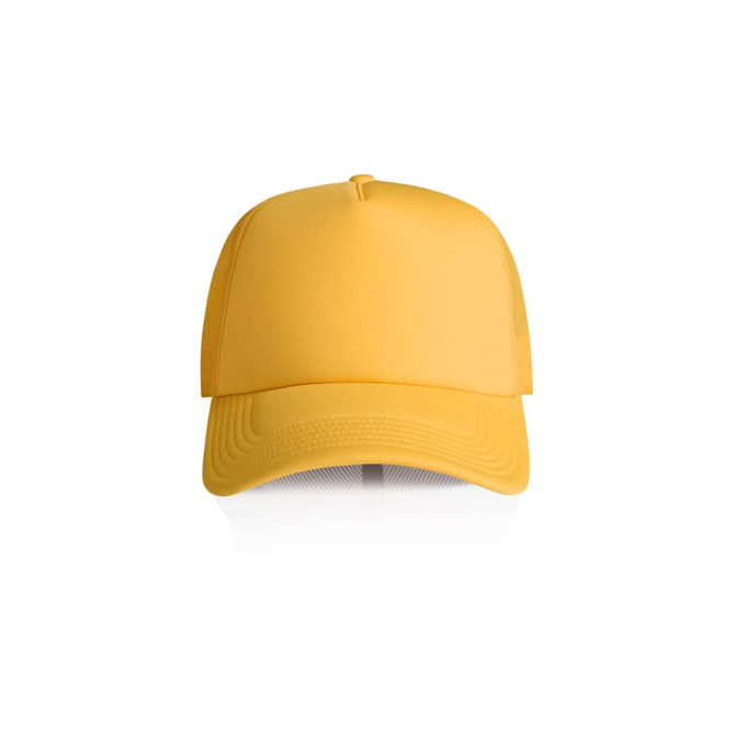 A yellow foam trucker cap with a mesh back and a structured front, featuring a logo.