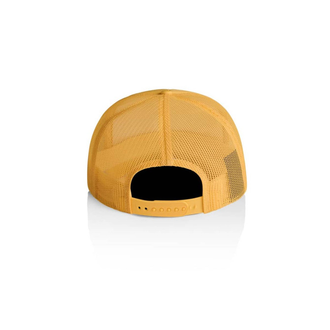 A yellow trucker cap featuring a mesh back and an adjustable strap for sizing. It includes a logo on the design.