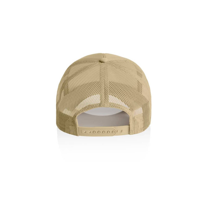 A beige trucker cap featuring a mesh back and an adjustable snap closure. It has a logo on the front.