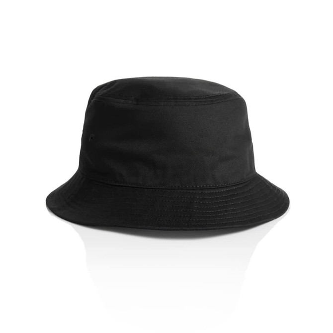 A black bucket hat with a wide brim, featuring a simple design and an unobtrusive logo.