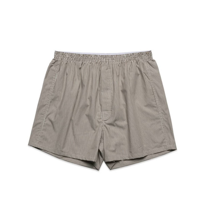 Striped boxer shorts in grey and white with an elastic waistband. Features a branded logo.
