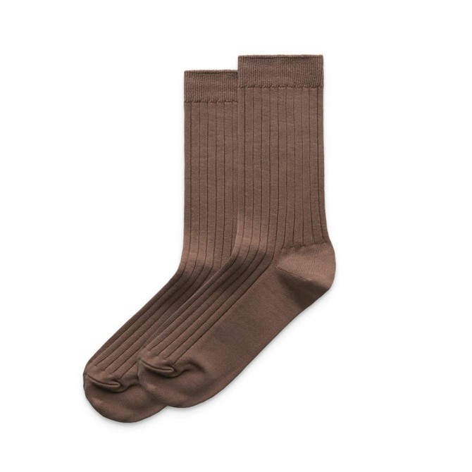 Two pairs of brown ribbed socks displayed side by side, featuring a simple design and a logo.