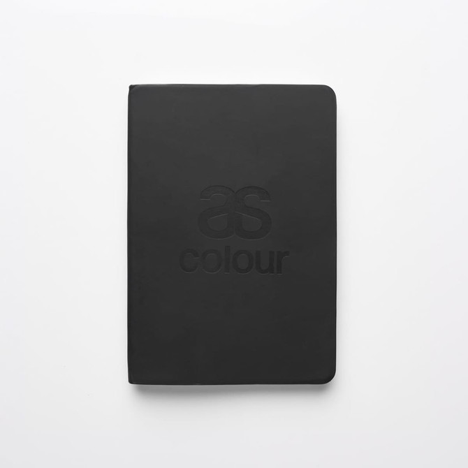 A black notebook featuring a logo on the front cover, with a smooth, matte finish.
