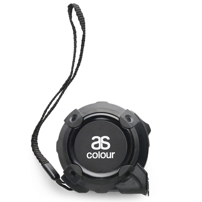 A black tape measure with a retractable mechanism and a wrist strap, featuring a branding logo.