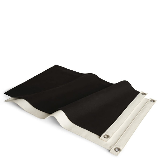 A black canvas flag with white edges, featuring metal grommets for easy hanging.