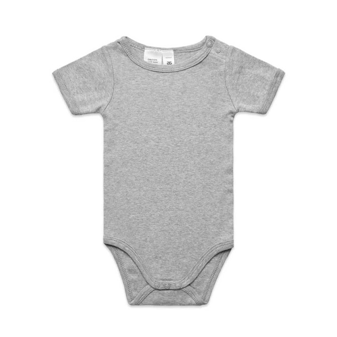 A grey organic infant one-piece with short sleeves and snap closures. Features a small label and minimalistic design.