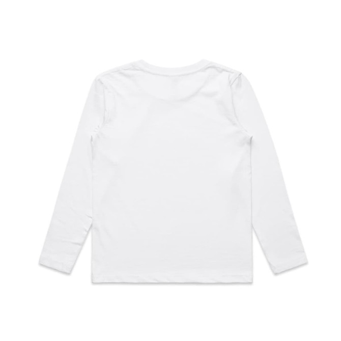 A long-sleeve white T-shirt for kids, featuring a plain design and no visible logos.