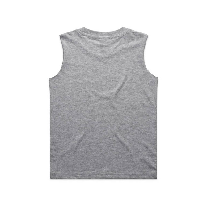 A grey sleeveless tank top with a plain back, featuring a logo at the tag.