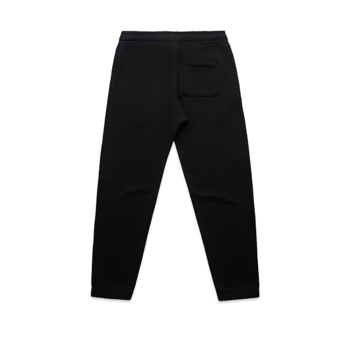 Black youth track pants with a fitted design and a single back pocket. Features an elastic waist.