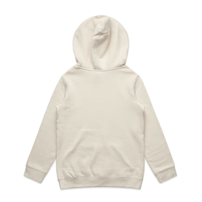 A light beige hoodie featuring a large hood and long sleeves. The back is plain with no visible branding.