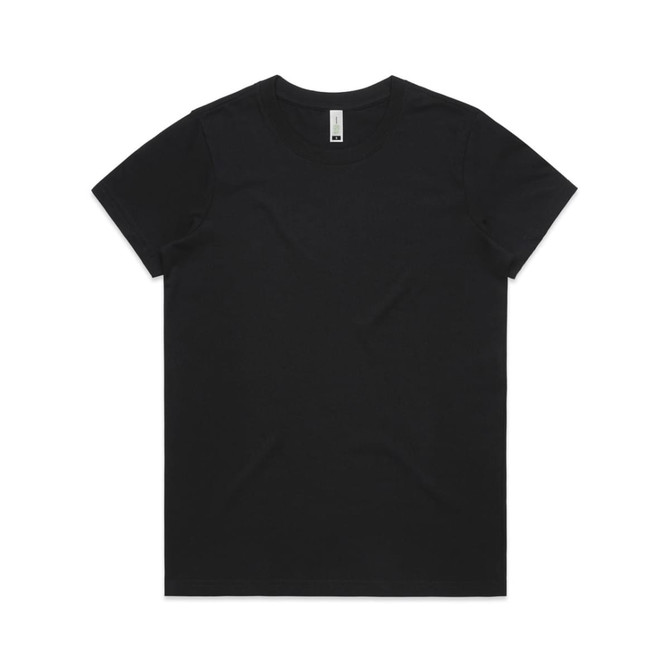 A black t-shirt displaying a classic crew neck design, featuring a logo on the tag.