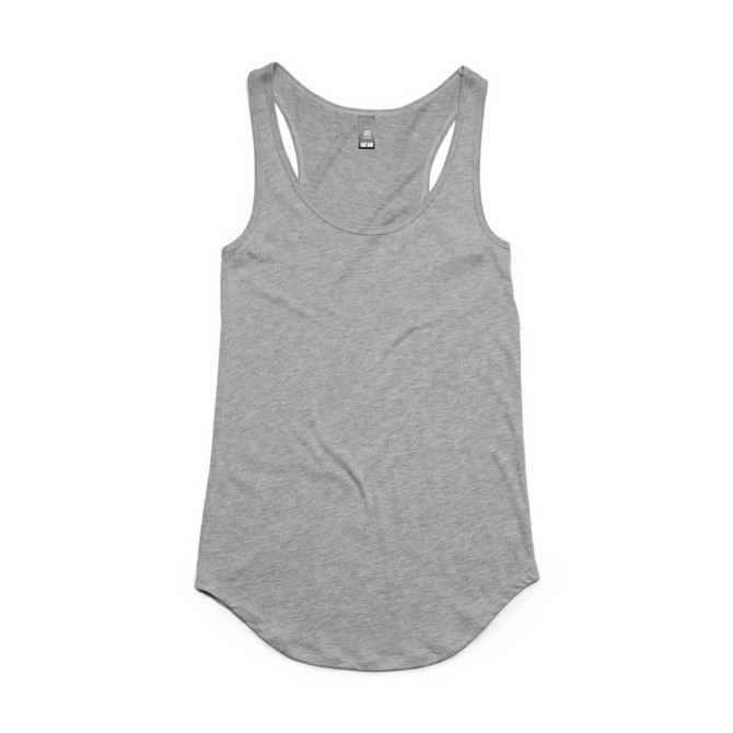 A grey racerback tank top with a rounded hem and a small logo.