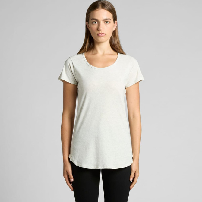 A light grey women's t-shirt with a rounded neckline and short sleeves, featuring a logo.