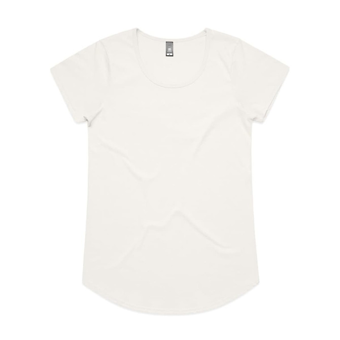 A light cream-coloured t-shirt with a rounded neckline and short sleeves, featuring a logo on the label.
