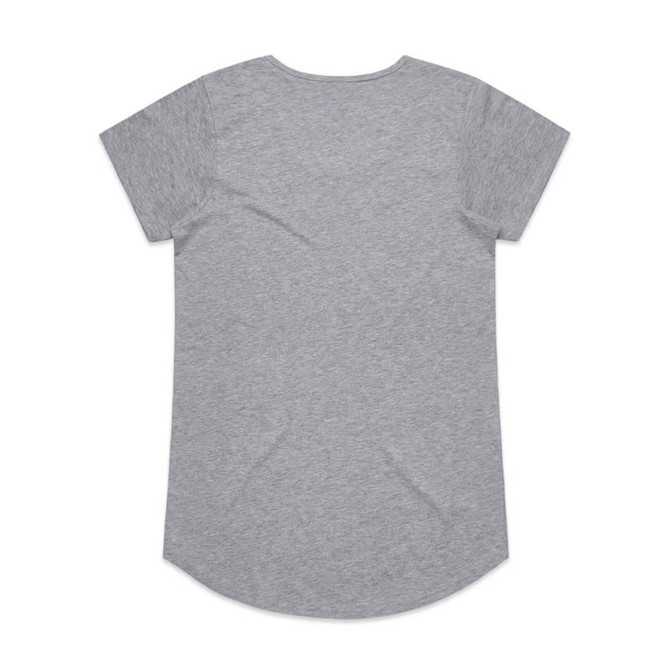A grey t-shirt with short sleeves, featuring a rounded hem and no visible design elements on the back.