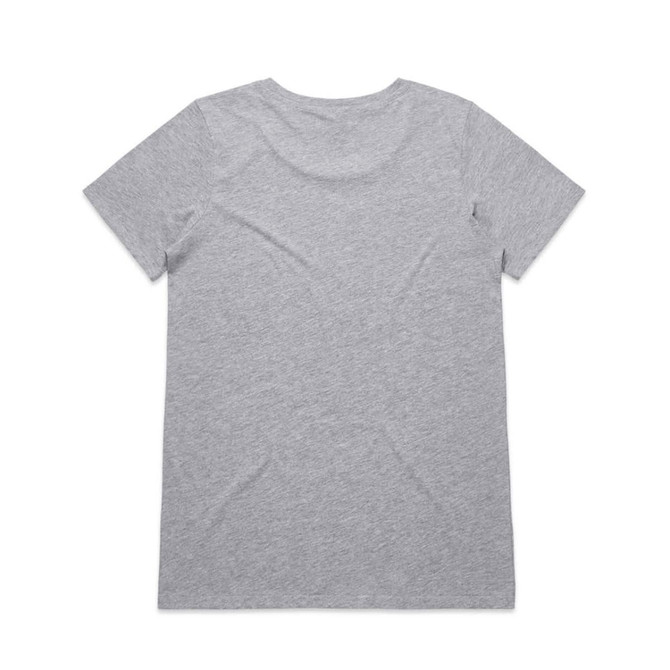 A grey T-shirt with a plain back, featuring a logo on the label.