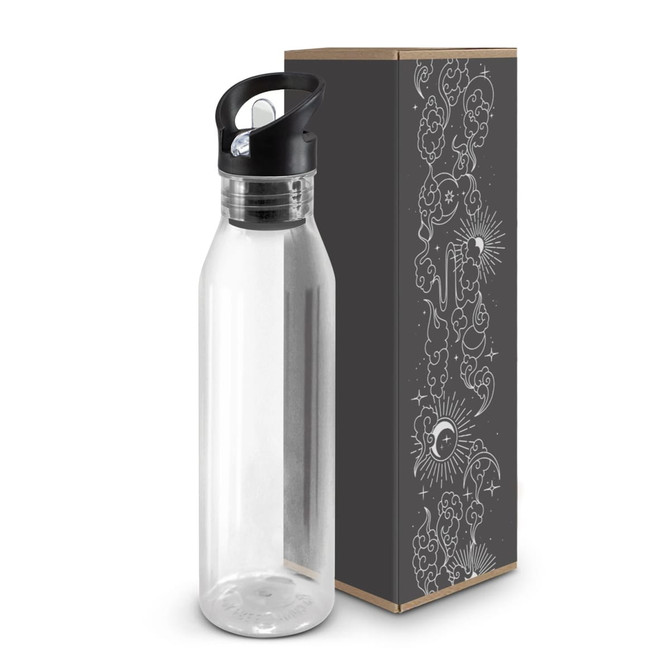 A drink bottle in translucent plastic with a black lid, presented alongside a decorative box.