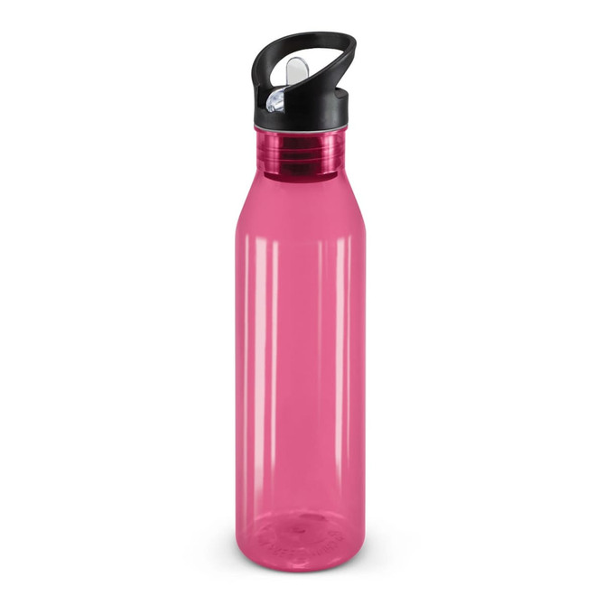 A drink bottle in a translucent pink color with a black flip-top lid.