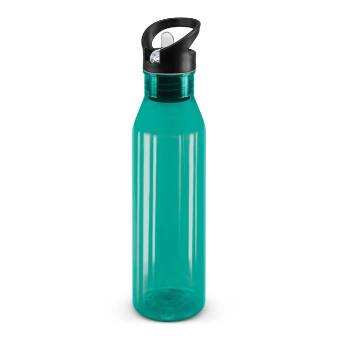 A drink bottle in a translucent teal color with a black lid and spout.