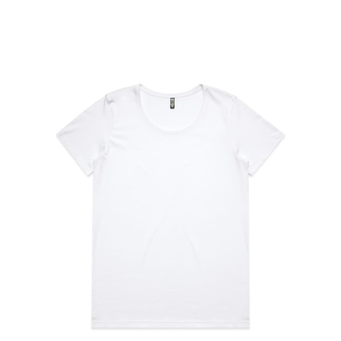 A white T-shirt with a round neckline, featuring a branding logo. Simple and plain design.