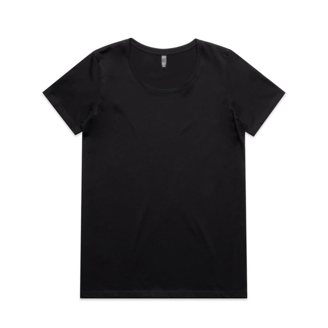 A black t-shirt with a round neckline and short sleeves. The shirt has a logo on the label.