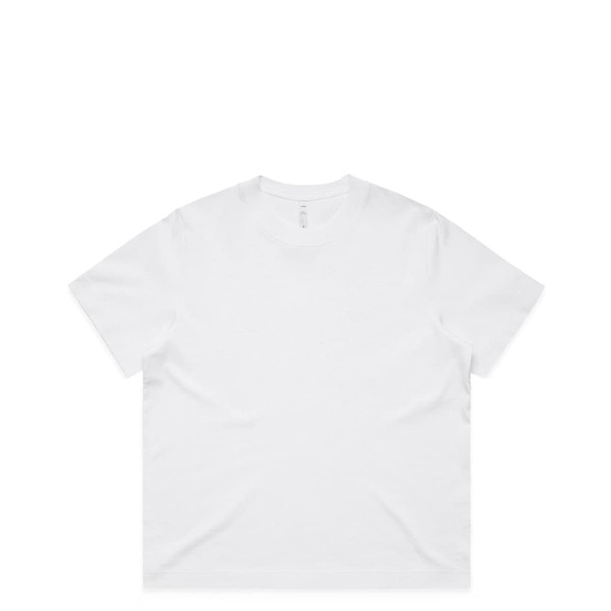 A plain white t-shirt with a loose fit, featuring a simple design and a logo. Ideal for casual wear.