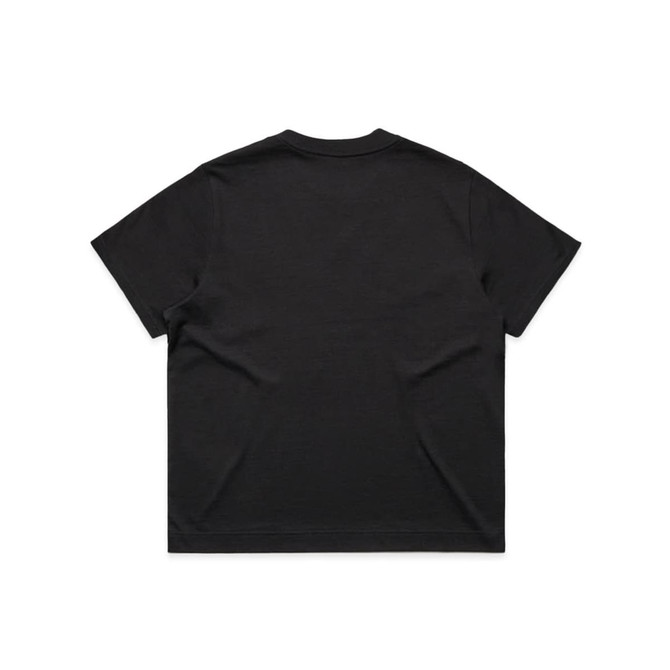 A plain black T-shirt with a relaxed fit, featuring a simple design and no visible branding on the back.