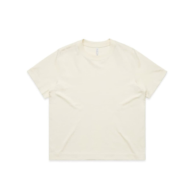 A plain beige T-shirt with a classic crew neckline and short sleeves. It features a small logo.