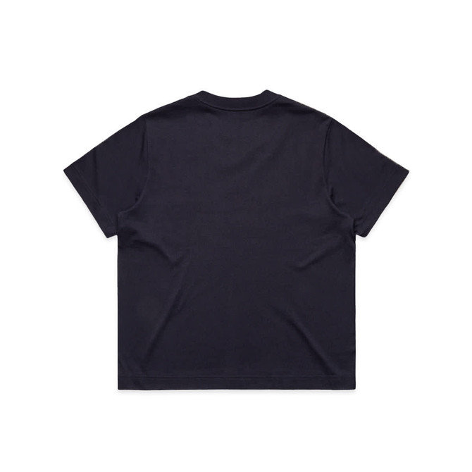 A navy blue T-shirt with a relaxed fit and an unembellished back. The shirt features a logo.