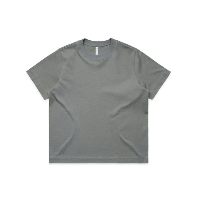 A grey boxy tee with a round neckline and short sleeves. The product has a branding logo.