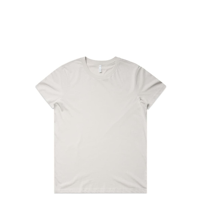 A light grey t-shirt with a round neckline and short sleeves, featuring a logo on the label.